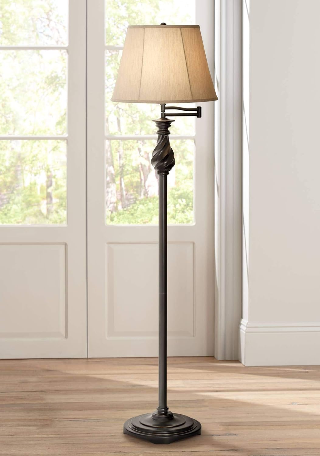 Traditional Swing Arm Floor Lamp Painted Black Bronze Swirl Font Faux Silk Beige Shade for Living Room Reading Office - Regency Hill