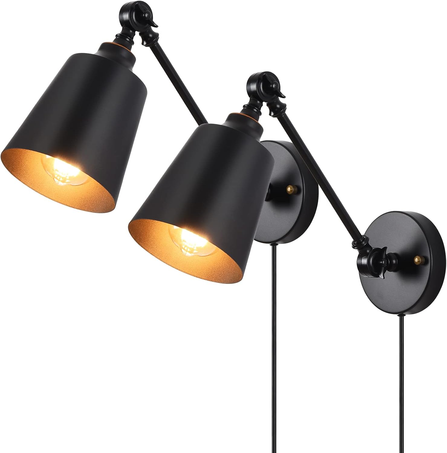 HOXIYA Plug in Wall Lamps Set of Two, Swing Arm Wall Sconce with Plug-in Cord ON/Off Switch, Matte Black Metal Reading Light Fixture Wall Mounted for Bedside Bedroom Living Room Kitchen Cupboard, E26