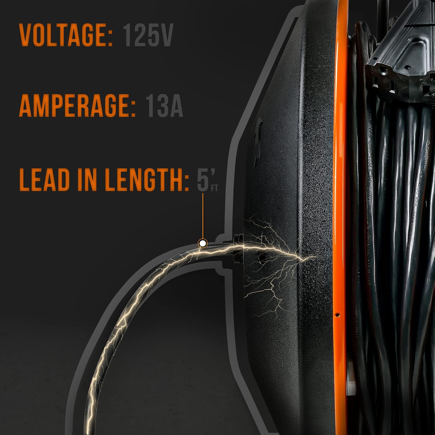 SuperHandy Extension Cord Reel Retractable 14AWG x 100' Feet 3C SJTOW Cable Triple Tap Connector Power Rating 125 Volt AC 13 Amp 1625 Watt Industrial Steel Single Arm