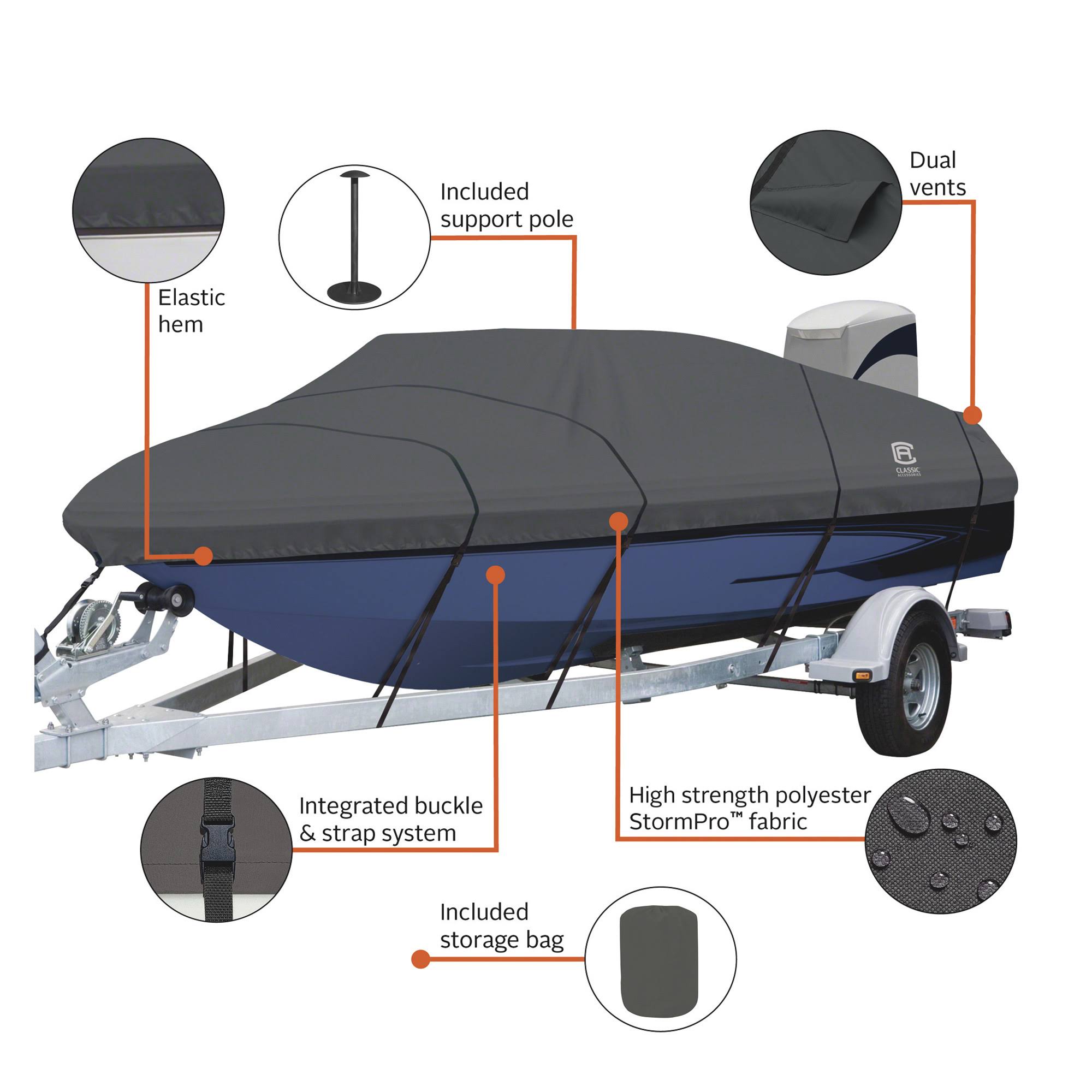 Classic Accessories StormPro Heavy Duty V-Hull Inboard/Outboard Cover with Support Pole, Fits Boats 20&6 inch - 21&6 inch L x 96