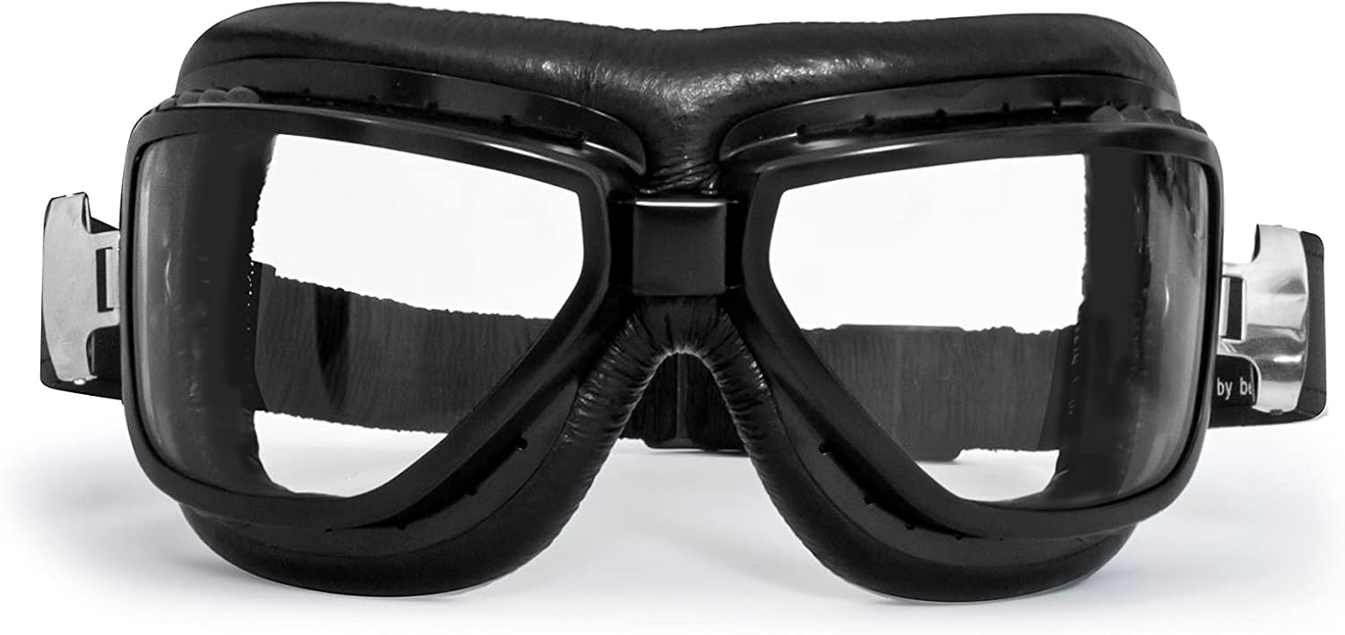 Bertoni Motorcycle Vintage Goggles that Fit over Glasses Real Black Calfskin Leather Black Steel Profile Antifog and Anticrash Lenses by Bertoni Italy AF194A