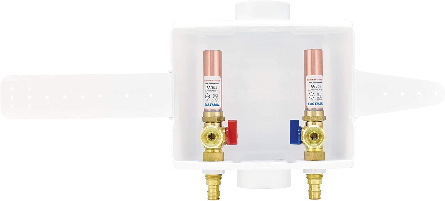 Eastman 60254 Center Drain Washing Machine Outlet Box with Hammer Arrestors, 1/2 inch Expansion PEX, White