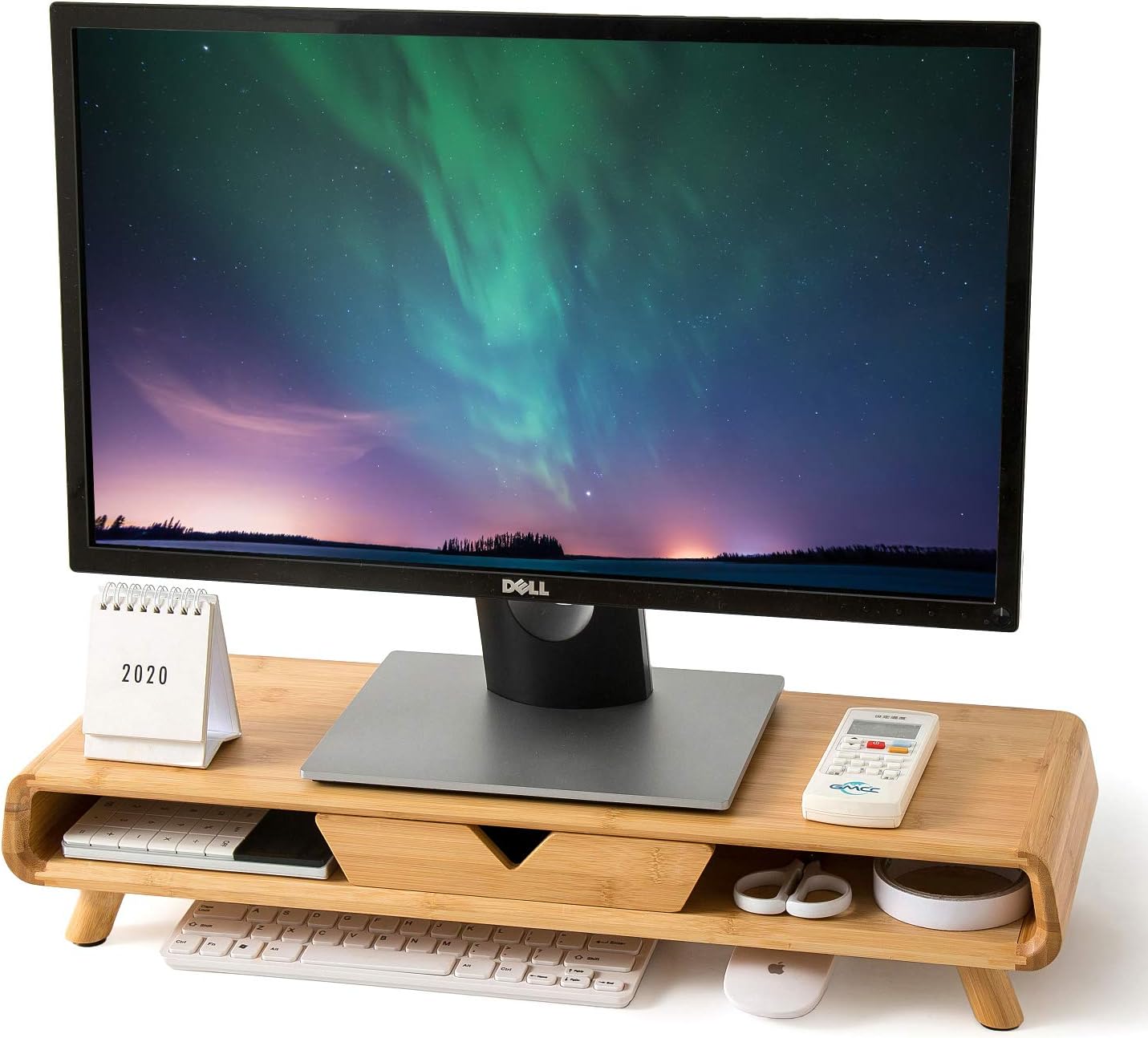Homerays Bamboo Monitor Stand Riser, No Assembly Required Exquisite Monitor Stand with Drawer, Ergonomic Height Wood Monitor Stand Pack of 2