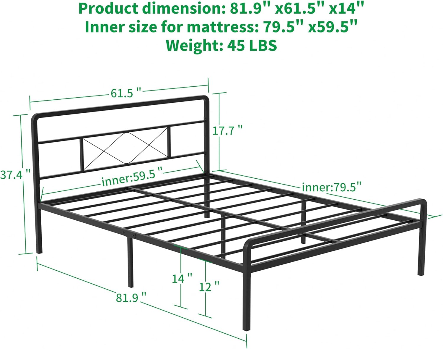 Queen Bed Frame with Headboard and Footboard,14 Inch Heavy Duty Metal Platform Beds Frames Easy Assembly Steel Slats Support No Box Spring Needed Non-Slip,Black