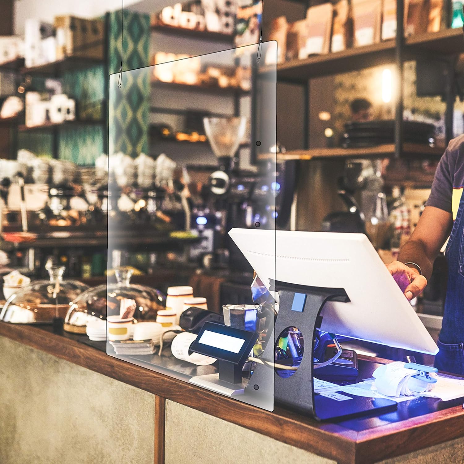 Flash Furniture Clear Hanging Protective Acrylic Sneeze Guard Plastic Panel Partition Shield for Cashier, Desk, Counter and Reception Pack of 2