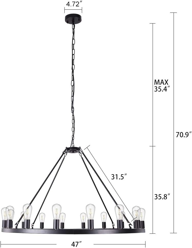 Wellmet Matte Black Wagon Wheel Chandelier 16-Light Diam 47 inch, Farmhouse Rustic Industrial Country Style Large Round Pendant Light Fixture for Dining Room, Living Room