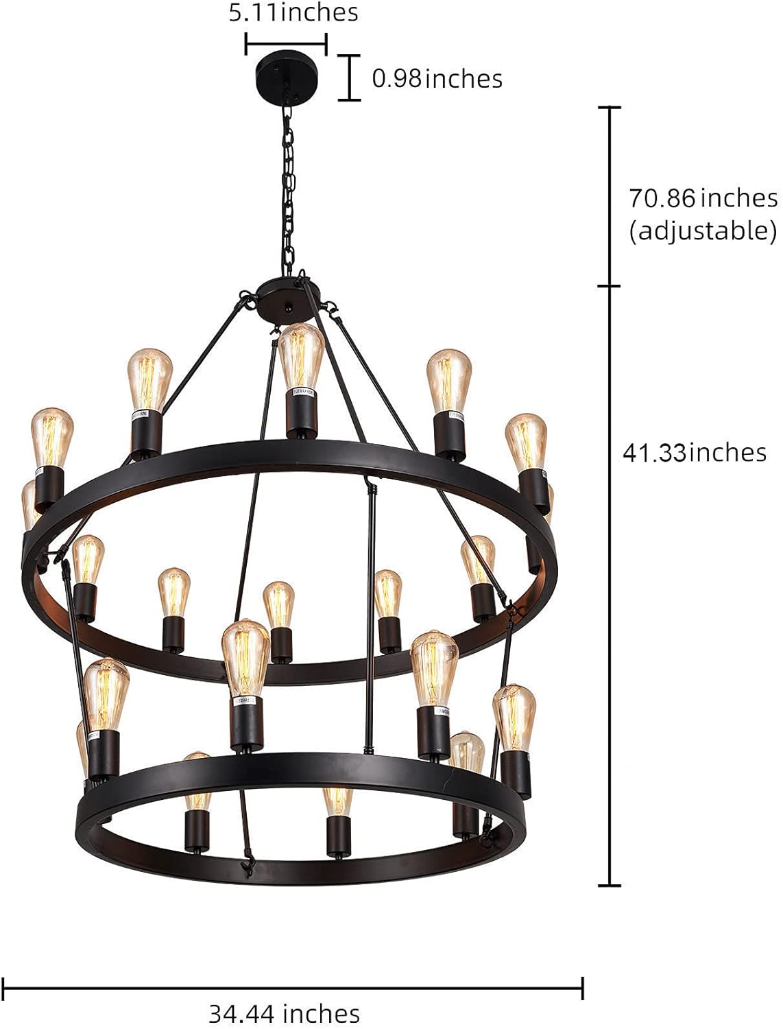 LIANSHUN Rustic Wagon Wheel Farmhouse Island Light, Retro Industrial Pendant Light, Double Round Iron 12+8 Lights Chandelier Light Fixtures for Kitchen, Living Room, Hotel, Villa, Black Finish