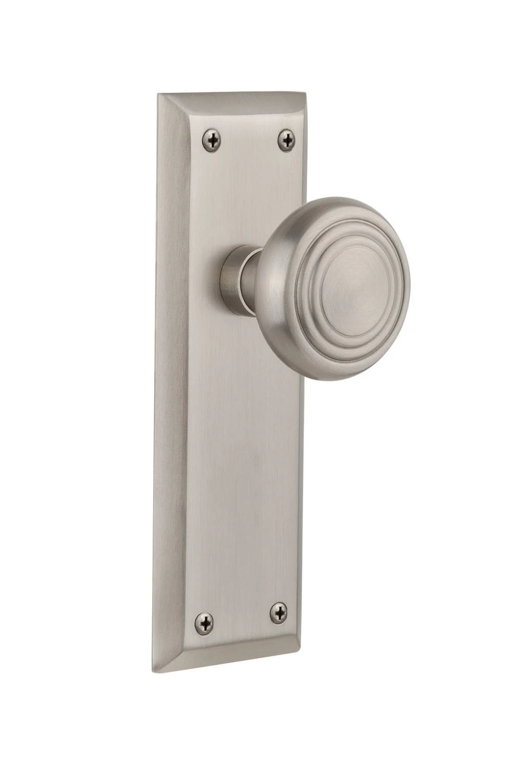 Nostalgic Warehouse 707258 New York Plate Privacy Deco Door Knob, Satin Nickel