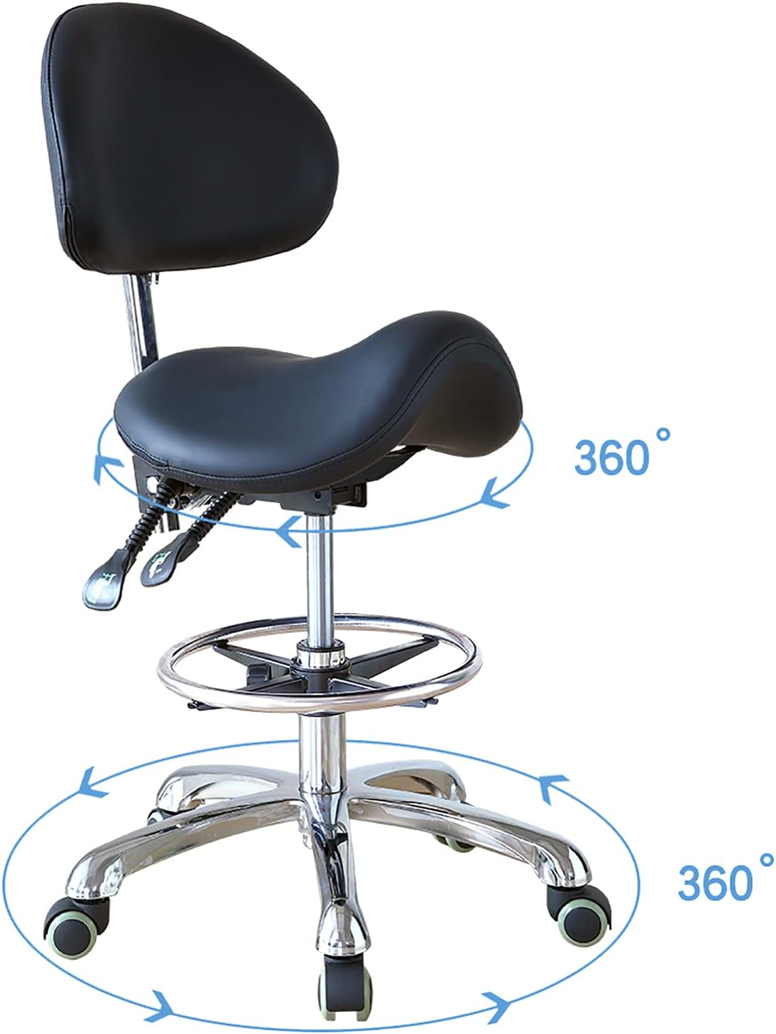 Saddle Stool Chair with Back Support Backrest Hydraulic Adjustable Rolling Ergonomic Seat Style and Footrest for Home Office Dental Clinic Use(FOHGFNT) (Black)
