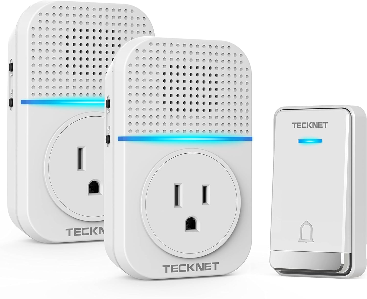 TECKNET Self-Powered Doorbell, Wireless Doorbell Chime Kit, No Battery Required Push Button, Plug-through Cordless Door Chime, up to 1300ft Range with 32 Chimes, LED Light, 5-Level Volume Pack of 2