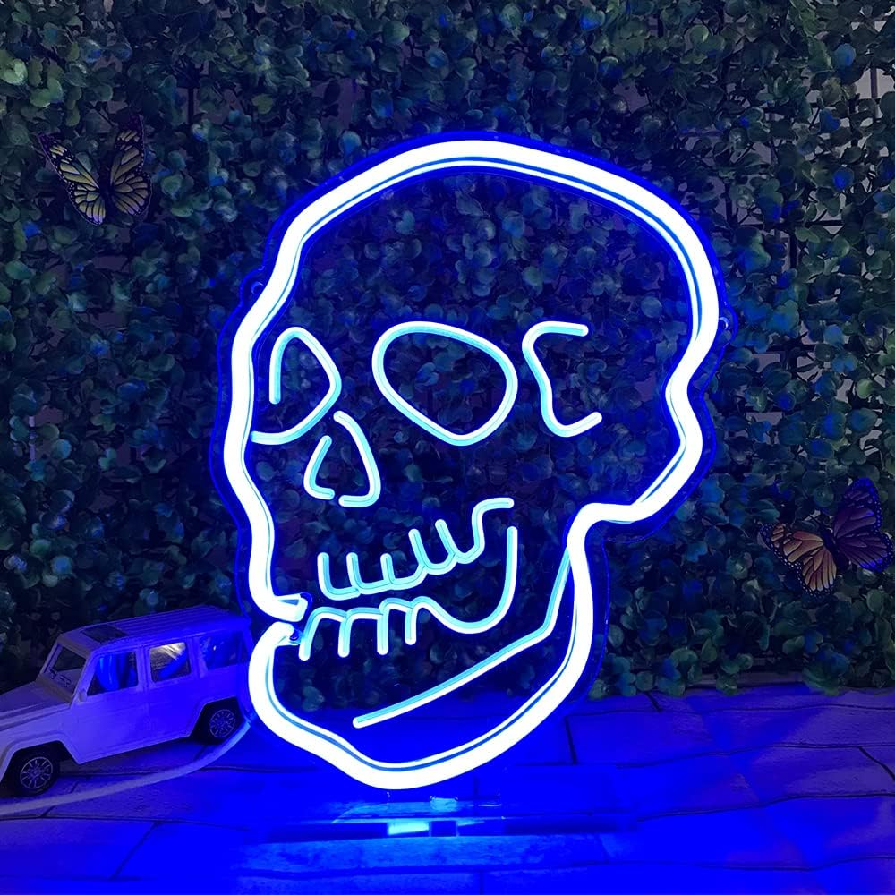 Skull Neon Sign for Bar, Man Cave, Halloween, Blue Neon Signs for Wall, Home Decor, Dimmable LED Neon Lights with Acrylic Base, By US-BDUN, 8x10 Inches Pack of 2