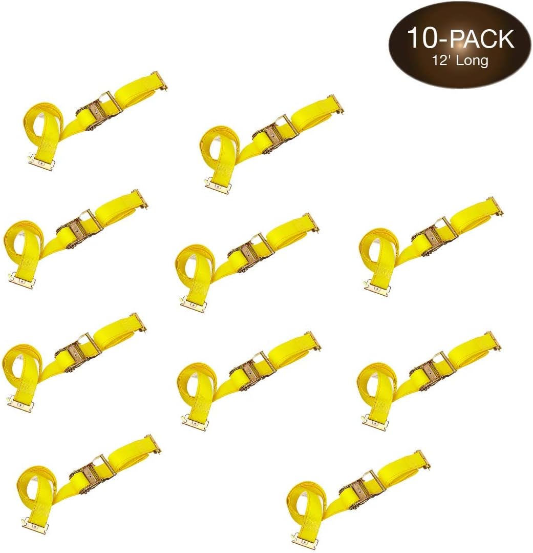 DC Cargo Mall 10 E Track Ratcheting Straps Cargo TieDowns, 2 x 12 Heavy Duty Yellow Polyester Tie-Down Straps, Strong Ratchet, ETrack Spring Fittings, Tie Down Motorcycle, Trailer Load