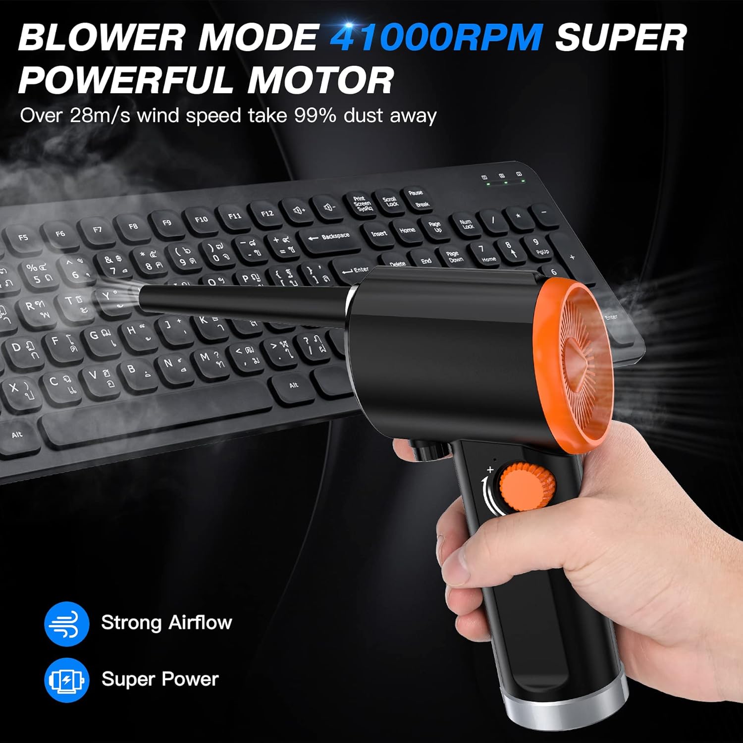 Compressed Air Duster for Computer Keyboard Cleaning, Cordless Electric Air Duster Replaces Compressed Canned Air &ndash; Upgraded Powerful 41000 RPM, 6000mAh Rechargeable Battery, Infinitely Adjustable