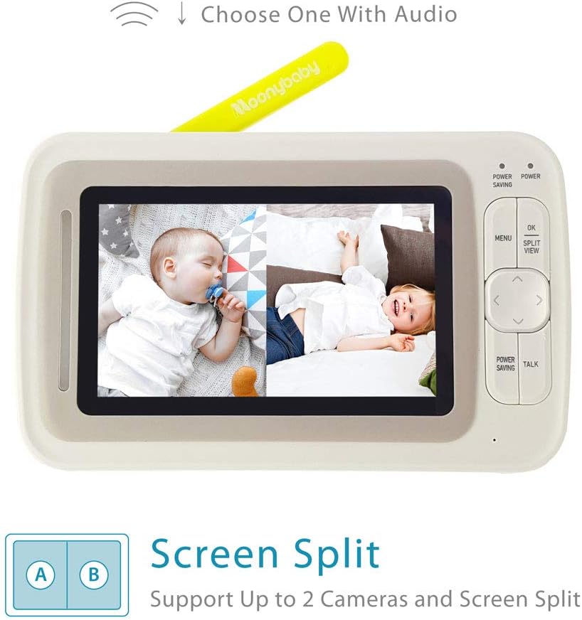 Moonybaby Split 60 Video Baby Monitor 2 Cameras, Split Screen, Pan Tilt Zoom, No WiFi, Extended 12hrs Battery Life, 4.3 Inches Large Monitor, Night Vision, 2 Way Talk Back, Long Range, Wide View Lens