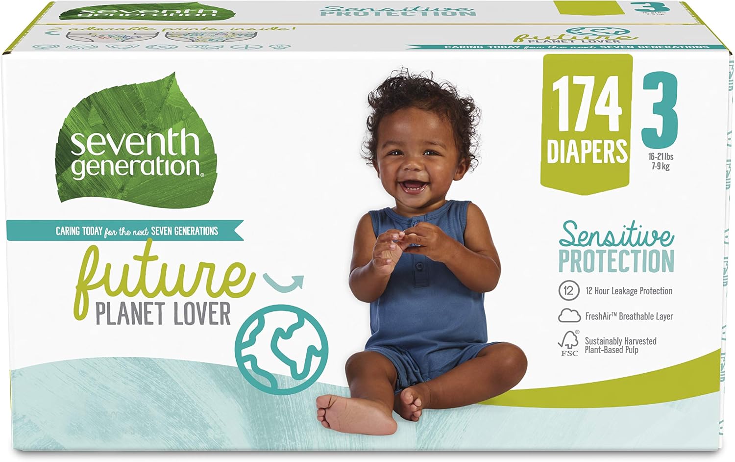 Seventh Generation Baby Diapers, Size 3, 174 count, One Month Supply, for Sensitive Skin Pack of 2