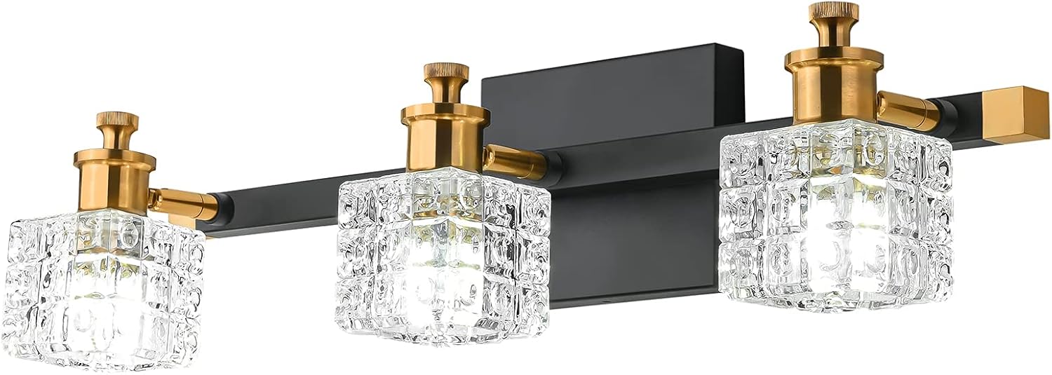 WOSBO Black Gold Bathroom Vanity Light Fixtures with Crystal Glass Shade 3 Lights Modern Wall Sconce for Bathroom Vanity Mirror Cabinets,G9 Bulb Socket