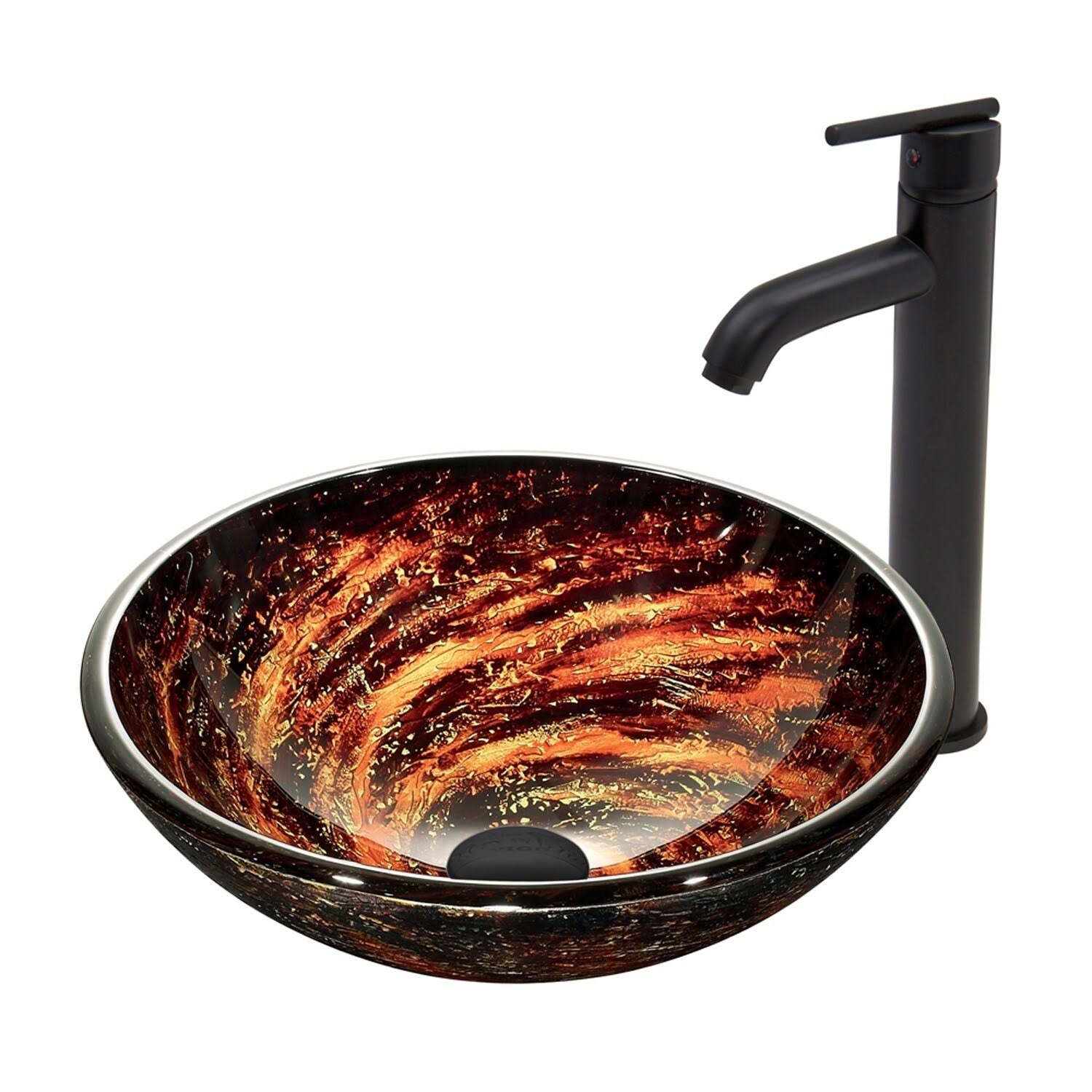 Vigo VGT416 Northern Lights Glass Sink and Vessel Seville Faucet Set in Matte Black