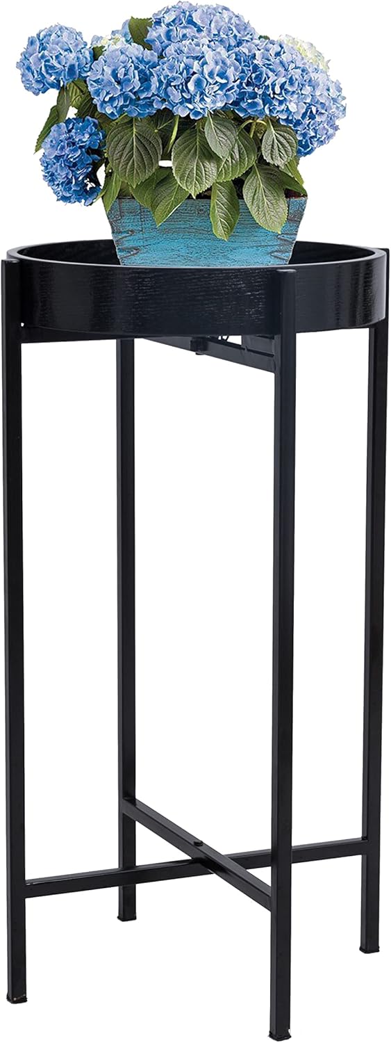 Foldable Plant Accent Table Stand, Round Side End Table with Wooden Tray Top for Small Spaces Kitchen Living Room Bedroom, Black Pack of 2