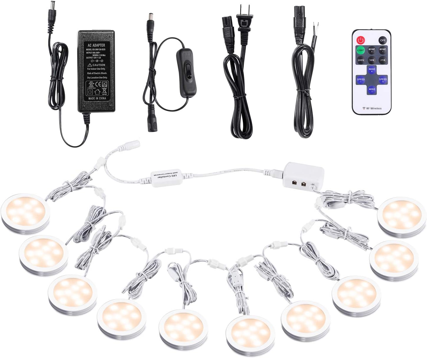 AIBOO Linkable Under Cabinet LED Lighting 12V Dimmable Puck Lights with Wireless RF Remote Control, Hardwired & Wall Plug in for Display Lighting(10 Lights, Daylight White) Pack of 2