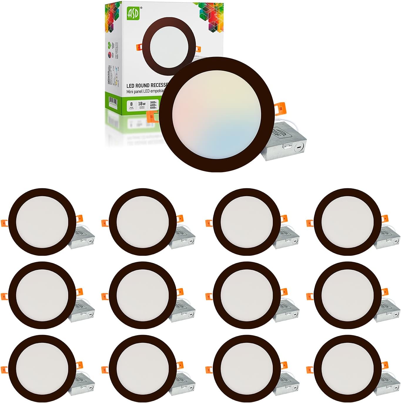 ASD LED Recessed Lighting 3 Inch, 3 CCT 3000K/ 4000K/ 5000K Selectable, IC Rated, Ultra Slim Dimmable Downlight with Junction Box, 6W (50W Eq.) 420 Lm, Oil Rubbed Bronze, Energy Star, ETL (12 Pack)