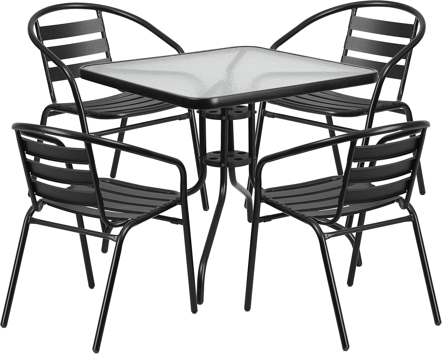 Flash Furniture 31.5'' Square Glass Metal Table with 4 Black Metal Aluminum Slat Stack Chairs