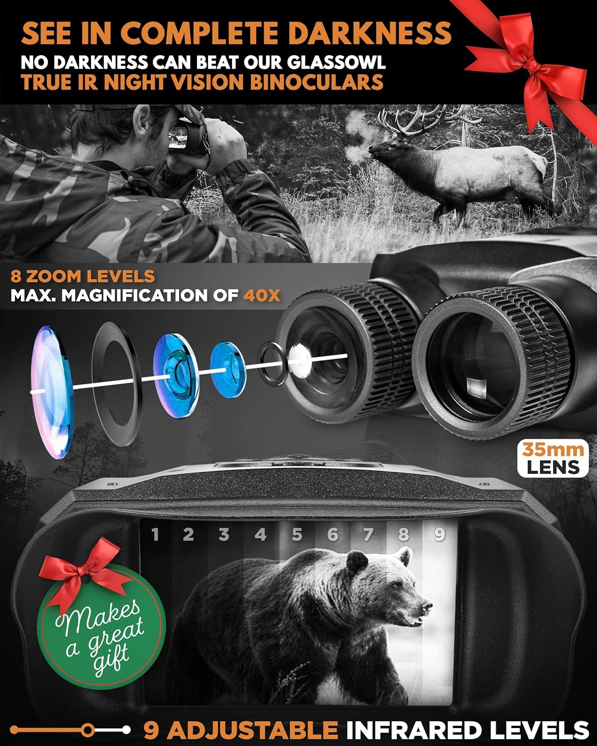 CREATIVE XP Elite Digital Night Vision Binoculars for Adults – Infrared Night Vision Goggles for Hunting, Spy, Military & Tactical - True IR Illuminator for 100% Dark - QHD+ Photos & Videos - 128GB
