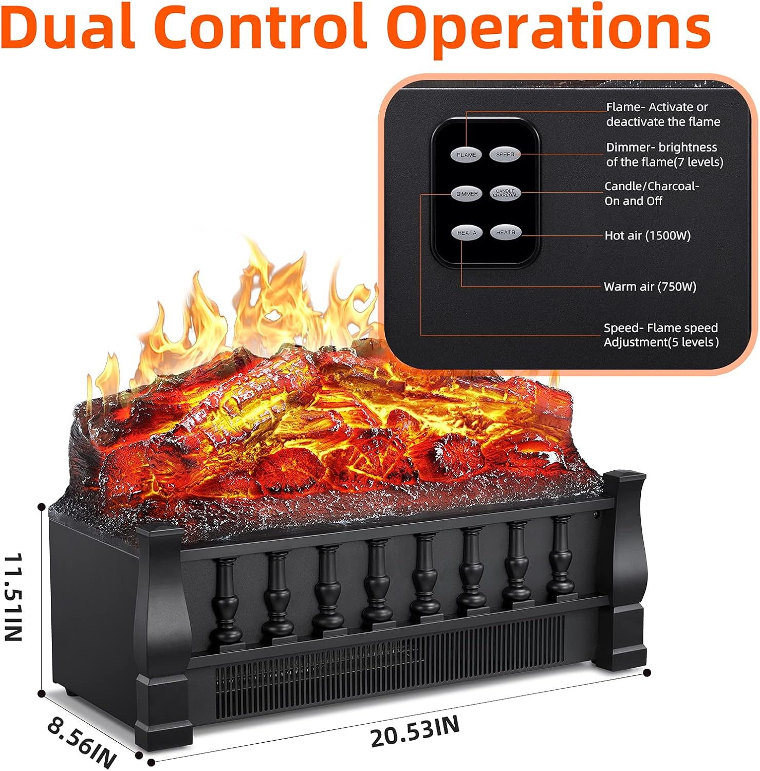 R.W.FLAME Electric Fireplace Log Set Heater 21IN, Remote Control, Flame Brightness Adjustable,Realistic Ember Bed