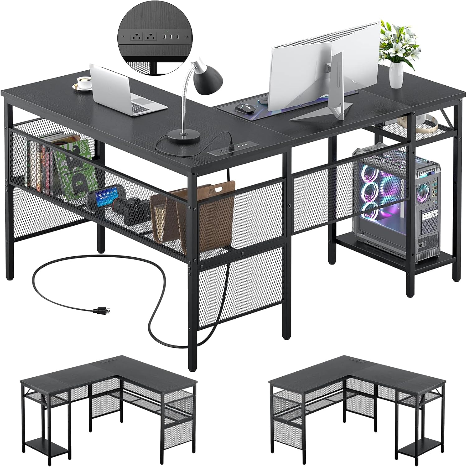 Unikito L Shaped Computer Desk with USB Charging Port and Power Outlet, Reversible L-Shaped Corner Desk with Storage Shelves, Industrial 2 Person Long Gaming Table Modern Home Office Desk, Black Oak