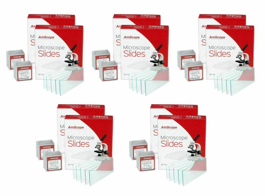 Amscope 5-Pack of 144 Cleaned Microscope Slides + 5pk 200 Square Coverslips