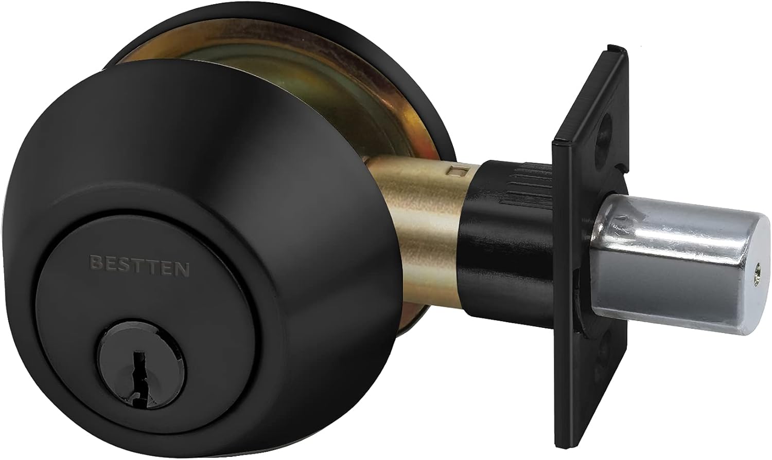 BESTTEN Single Cylinder Deadbolt, Dead Bolt for Front Door and Garage Door, Keyed One Side, Thumb Turn Inside, Matte Black Finish, Removable Latch Plate Pack of 2