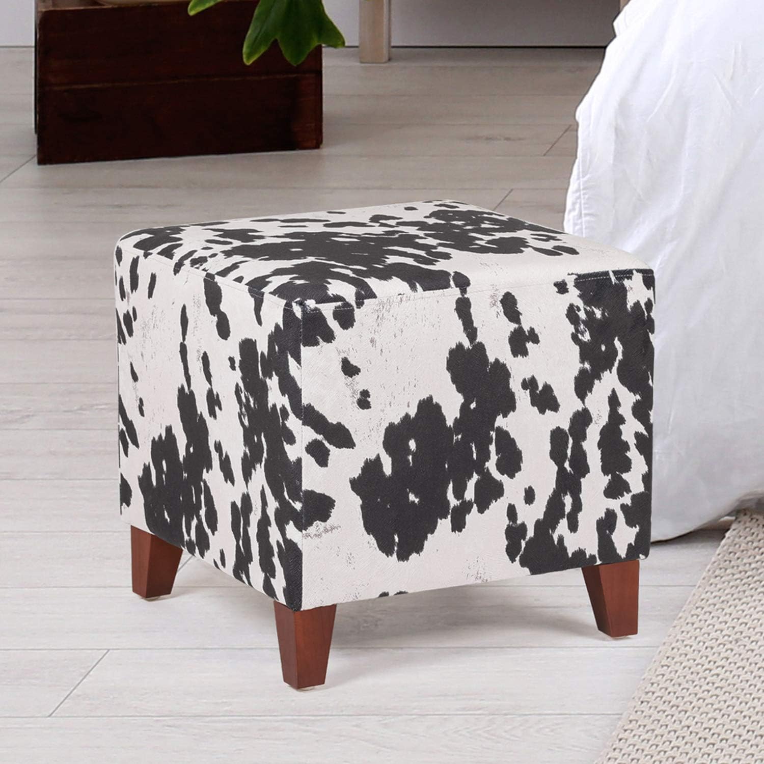 Asense Ottoman Small Fabric Square Foot Rest, Cube Footstool (Cow Black) Pack of 2