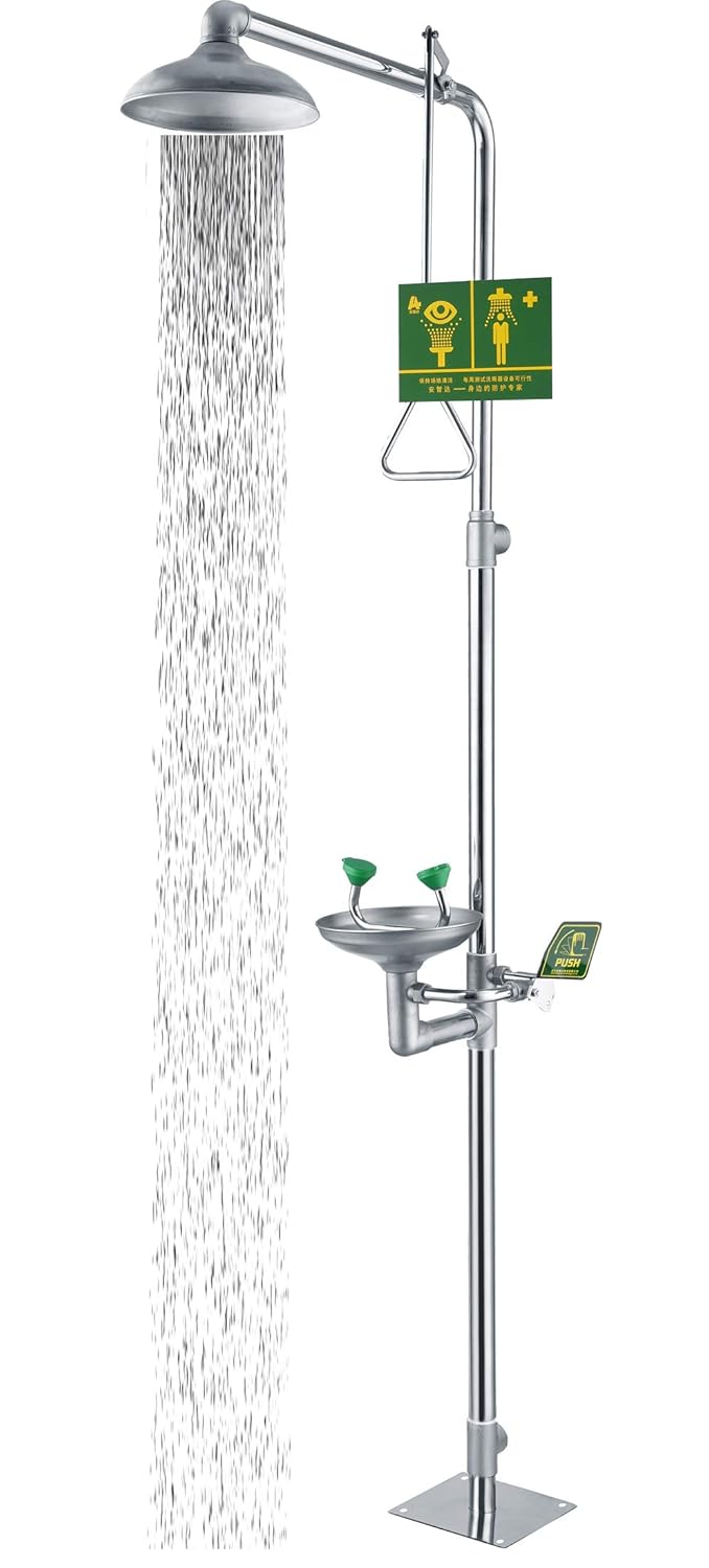 Huanyu Emergency Eyewash Station Combination Emergency Shower 304 Stanless Steel Eye Washer for Washing Showering Eye Face Neck Arm Rescue Supply (1101-1)