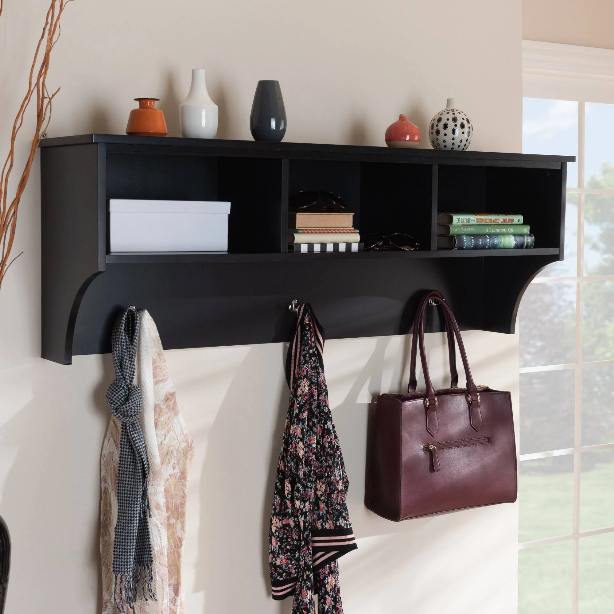 Baxton Studio Maya Modern Transitional Black Finished Wood Entryway Wall Mounted Coat Rack with Shelves