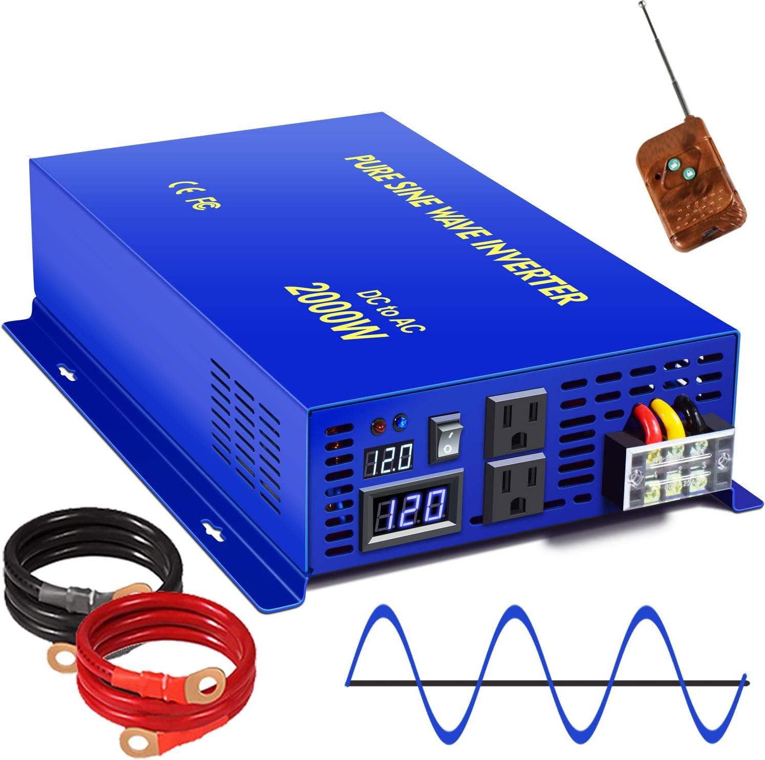 XYZ INVT 2000W Pure Sine Wave Inverter 12V DC to 110V 120V AC Surge 4000 Watt Power Inverter 100ft Wireless Remote Control for Solar System, Off Grid, RV.(2000W/12V)