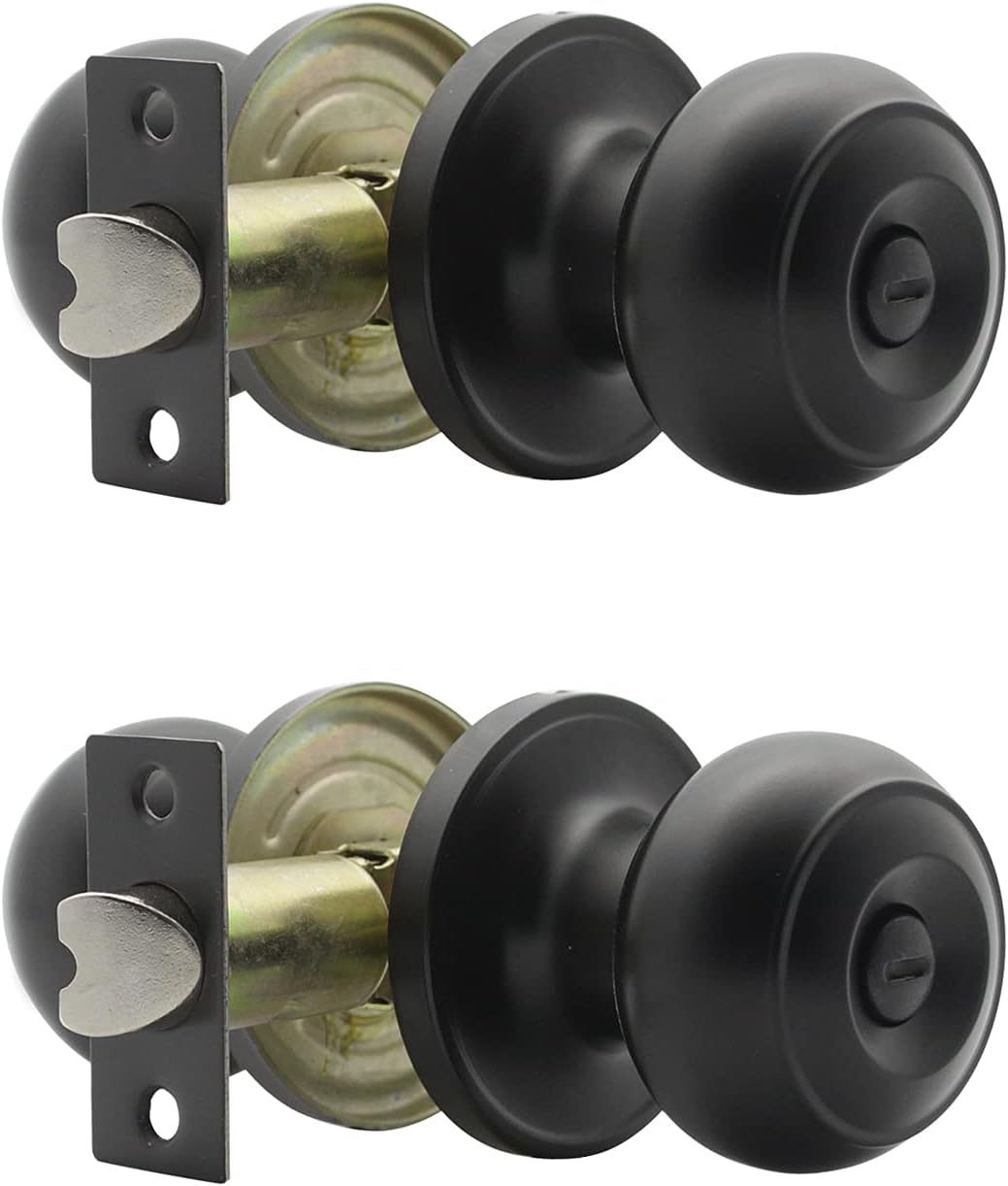 Probrico Flat Black Round Privacy Door Knobs, Roun Ball Interior Keyless Door Knobs for Bedromm Bathroom, Solid Stainless Steel Door Locksets (6 Pack) Pack of 2
