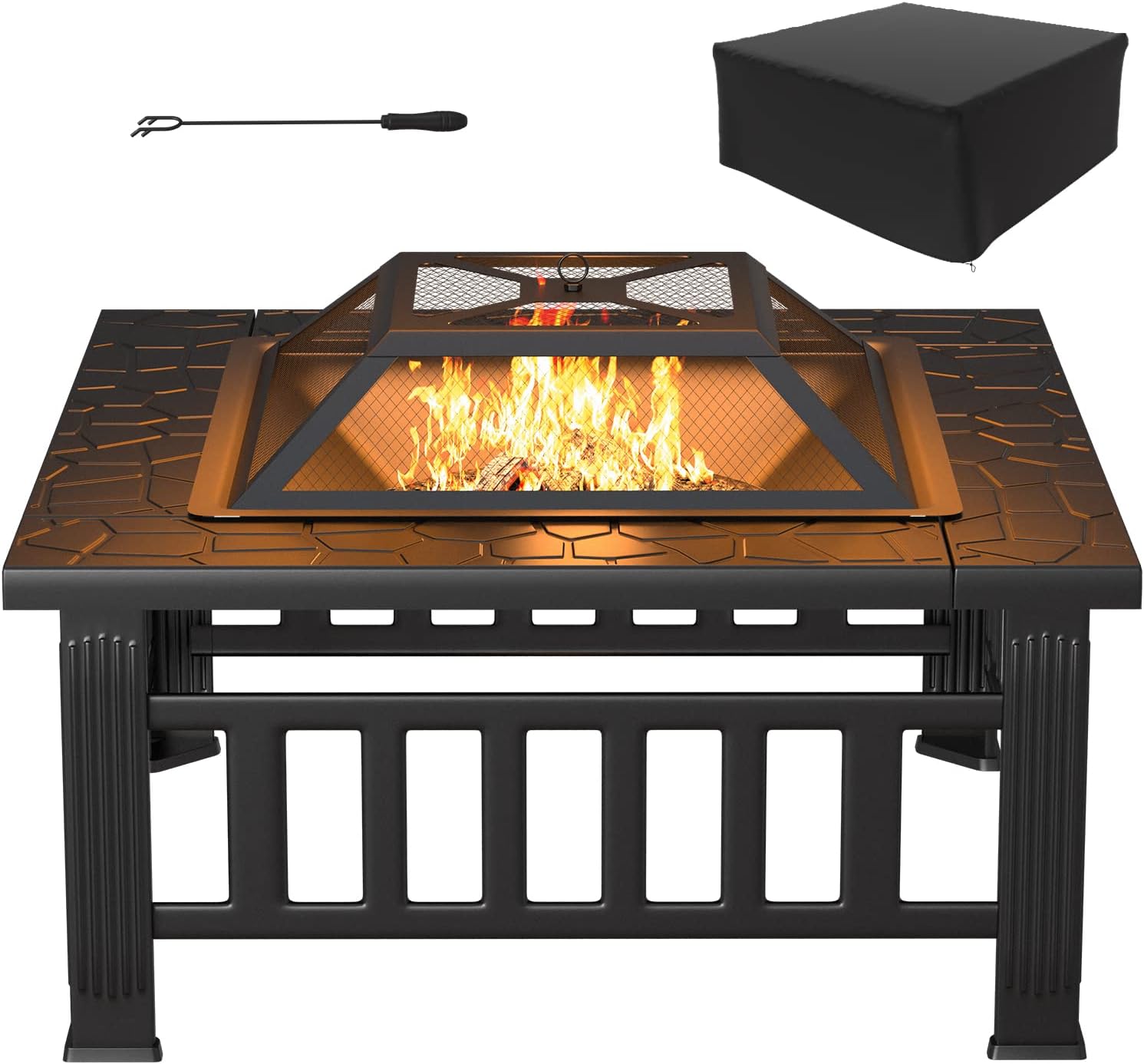 Tuoze 32-inch Fire Pits Outdoor Patio Metal Multifunctional Firepit Table with Waterproof Cover for Camping Bonfire Party Picnic BBQ Backyard Garden Outside Heating,black