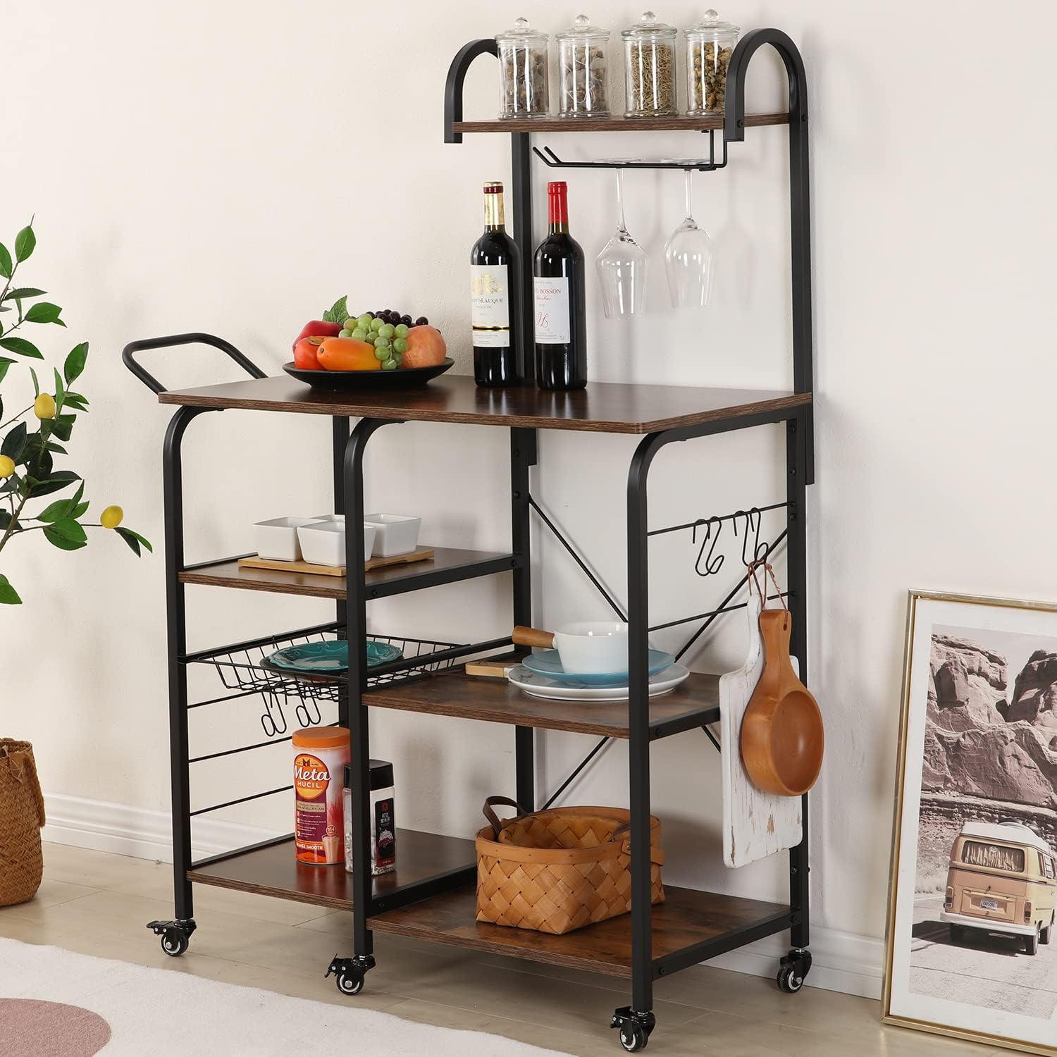 HTTH Baker's Rack Kitchen Utility Storage Shelf Kitchen Dining Cart Trolley Free Standing Microwave Oven Stand 3 Layers + 4 Layers Shelf with Wire Basket,4 Hooks and 6 Pulleys (Rustic Brown)