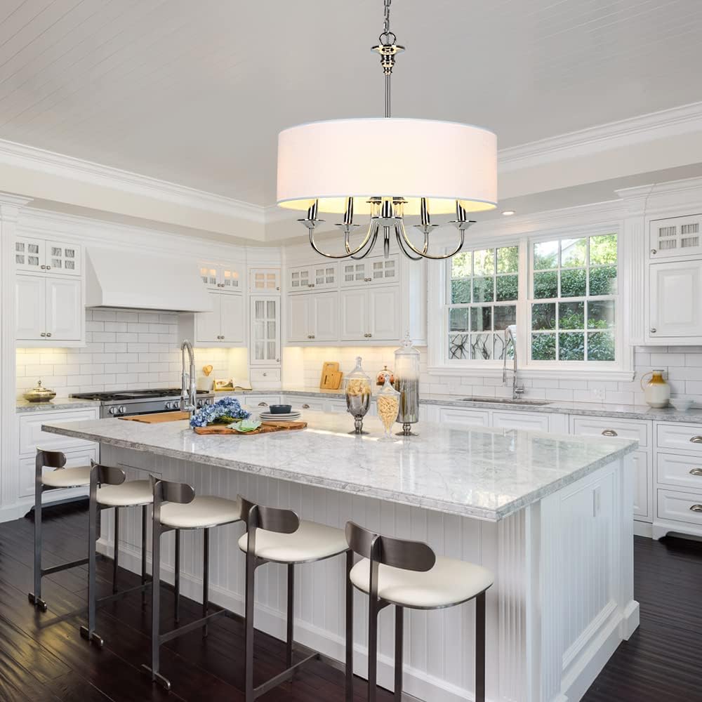 Acesun 5 Light Modern Chandelier with White Linen Drum Shade, Drum Chandeliers for Dining Rooms, Living Room, Chrome & White Finish