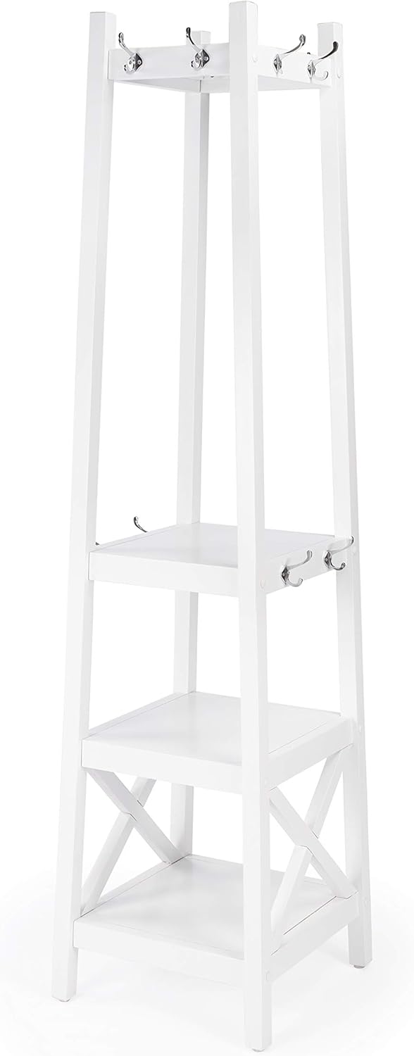 Butler Fenya Transitional Rectangular White Coat Rack with 3 Shelves and 12 Double Hooks