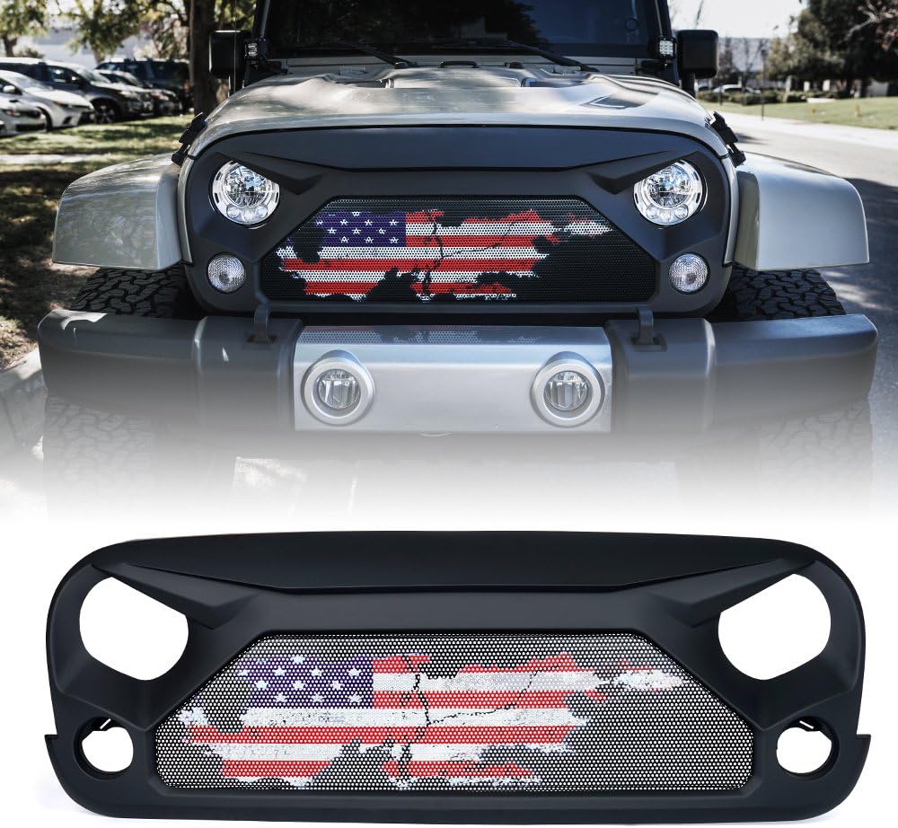 Xprite Front Grill Gladiator Vader Matte Black Grille with Mesh for 2007-2018 Jeep Rubicon Sahara Sport JK JKU