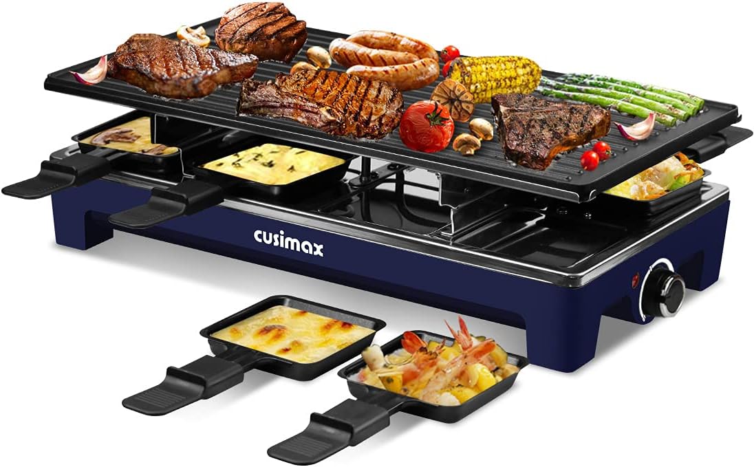 CUSIMAX Raclette Grill Electric Grill Table Portable 2 in 1 Korean BBQ Grill Indoor & Cheese Ractlette, Reversible Non-stick plate, Crepe Maker with Adjustable temperature control and 8 Paddles