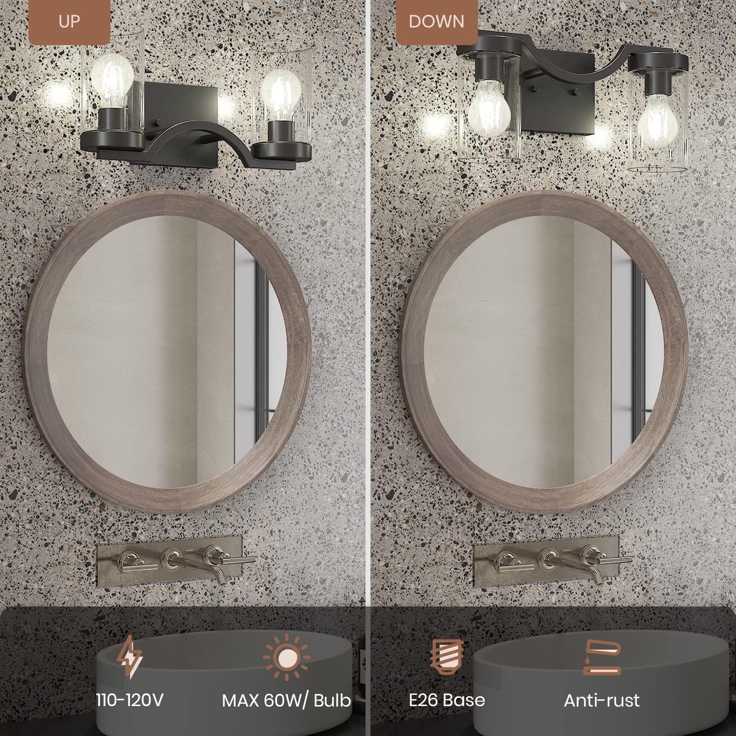 Bathroom Light Fixtures, 2-Light Modern Wall Sconces, Matte Black Bathroom Vanity Light Fixtures with Clear Glass Shade, Wall Lamp for Mirror, Bedroom, Living Room, Easy to Install