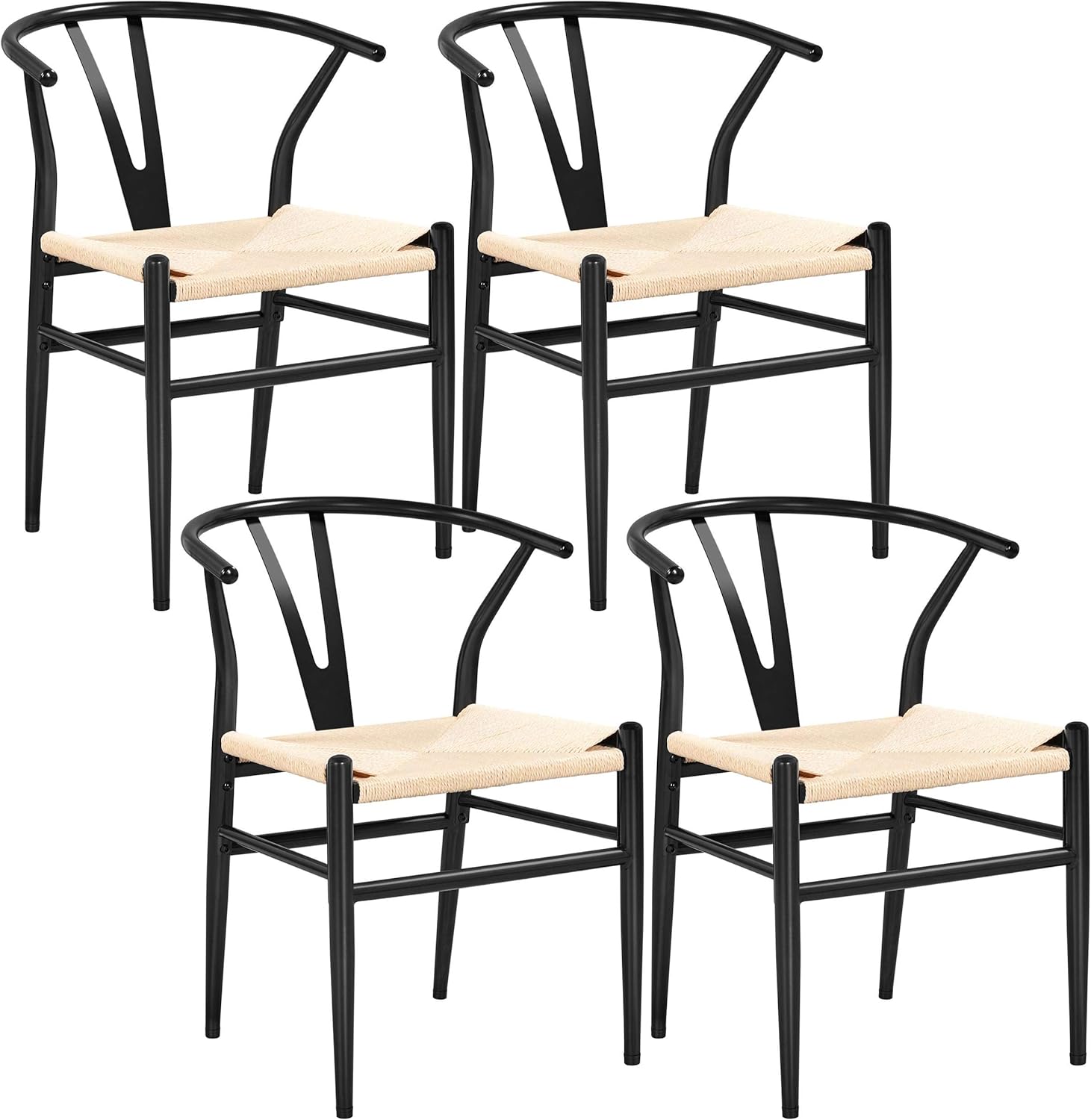 Yaheetech Set of 4 Weave Chair Mid-Century Metal Dining Chair Y-Shaped Backrest Hemp Seat, Wood Color