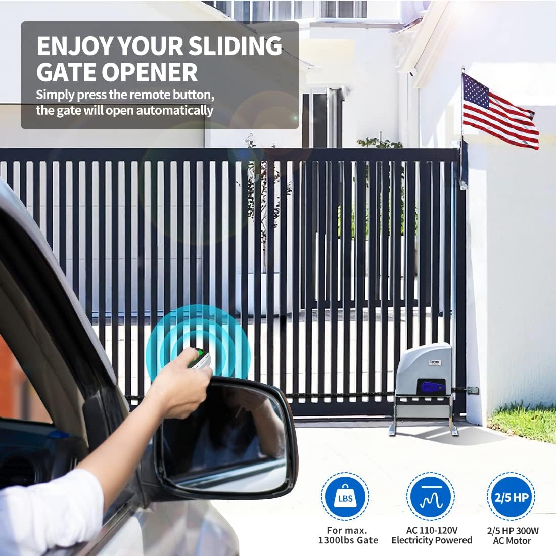 TOPENS CK500 Automatic Sliding Gate Opener Chain Drive Electric Gate Motor for Heavy Driveway Slide Gates Up to 1300 Pounds, Security Gate Operator AC Powered with 20ft Roller Chain and Remote Control