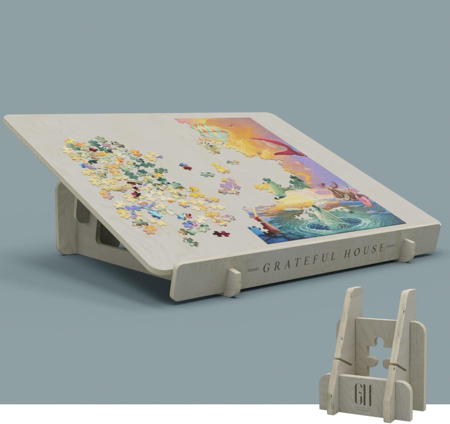 GRATEFUL HOUSE- Large Puzzle Board 35x28&rdquo; Tilts & Suits up to 1500 pc Portrait & Landscape Puzzles. Beautiful Birch Plywood Jigsaw Puzzle Table Prevents Neck & Back Strain. Bonus Box Lid Holder