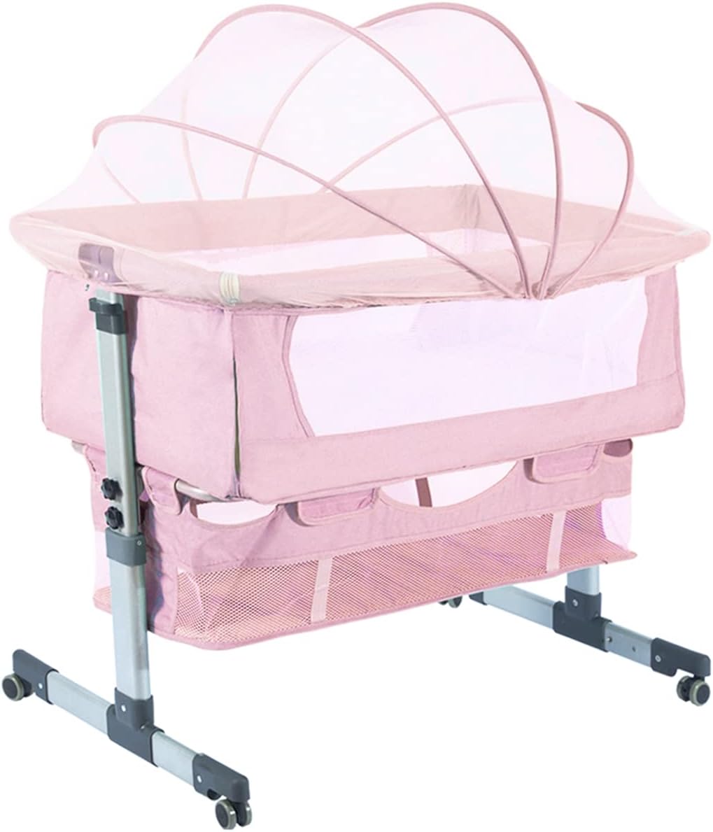 Bedside Sleeper Bedside Cribs, Baby Bassinet 3 in 1 Travel Baby Crib Baby Bed with Breathable Net, Adjustable Portable Bed for Infant/Baby with Detachable Mosquito net and Mattress,Pink