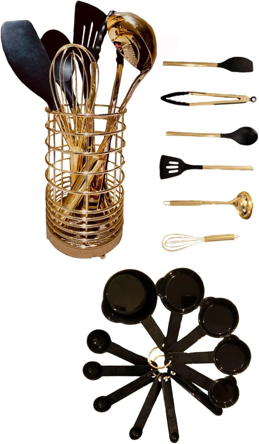 Zenush Golden and Black Silicone Kitchen Utensil,17 Pcs Kitchen Essential,Utensil Set With Holder,Luxury Kitchen Accessories Non Toxic,BPA Free,Heat Resistant,Non-Stick Utensils Set