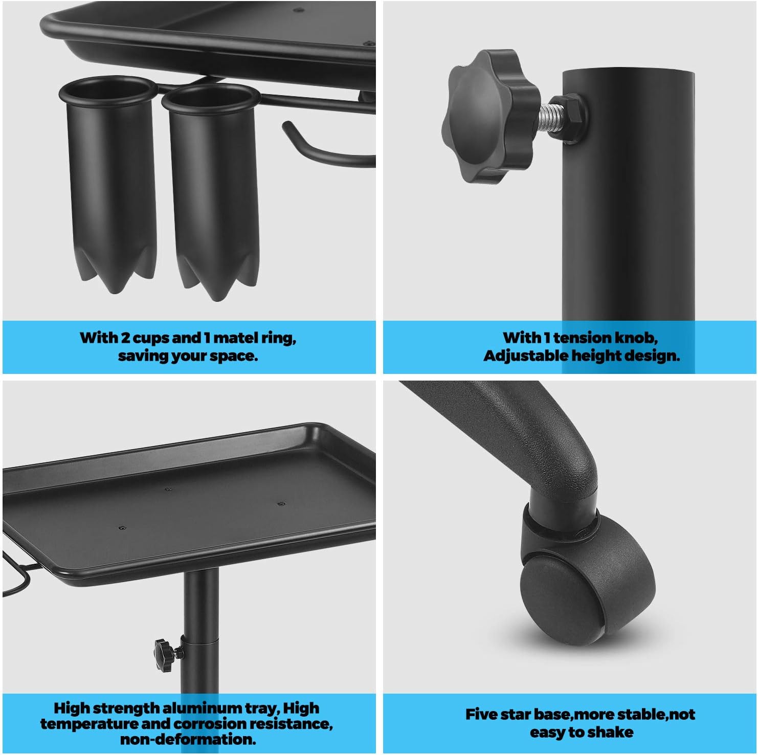 Salon Tray Cart with Metal Feet, Aluminum Salon Tray Removable, Height Adjustable Tray for Salon&Spa Use Tattoo Rolling Cart, Black Pack of 2