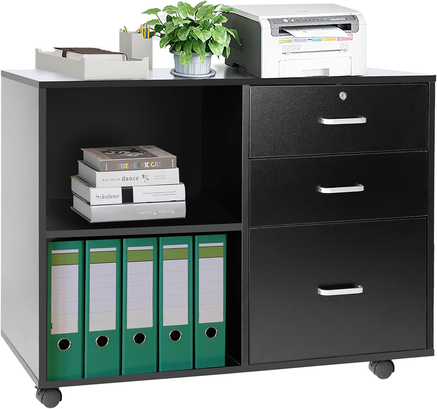 TUSY 3-Drawer File Cabinet, Mobile Lateral Filing Cabinet with Rolling Lock, Printer Stand with Open Storage Shelves for Home Office, Black
