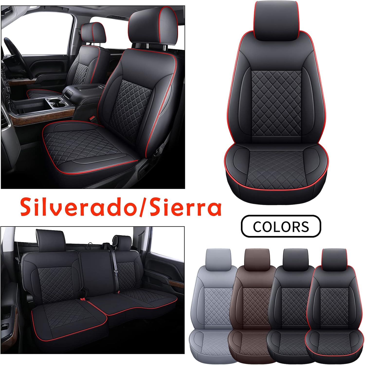 LUCKYMAN CLUB Chevy Silverado/Sierra P01-S1 Seat Covers Full Set, Fit 2014-2018 1500/2015-2019 2500 HD/3500 HD Crew Cab with Breathable Faux Leather (Full Set, Black/Red)